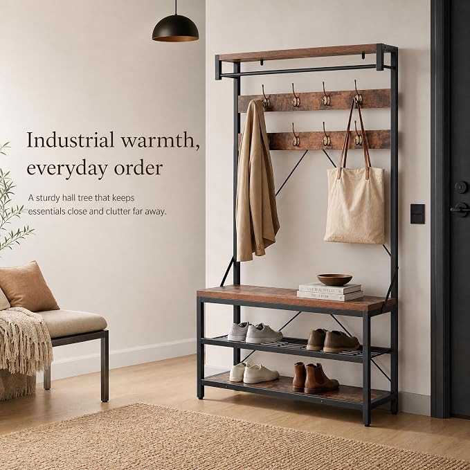 Hall Tree with Bench and Shoe Storage, Entryway Bench with Coat Rack, 3-in-1 Mudroom Organizer with 8 Hooks, Freestanding Industrial Storage Rack for Hallway, Rustic Brown