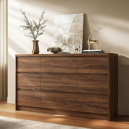 3 Pieces of Dresser and Nightstand Set,55 Inch Width 9-Drawer Dresser & 2-Drawer Nightstands Set of 2,Nightstand with USB&Type C Charging Station&Outlets, Modern Design for Bedroom, Walnut