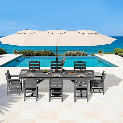 SERWALL 10 Piece 84" HDPE Outdoor Dining Set for 8 with 6 Armless Chair, 2 Armchairs and Umbrella, Gray