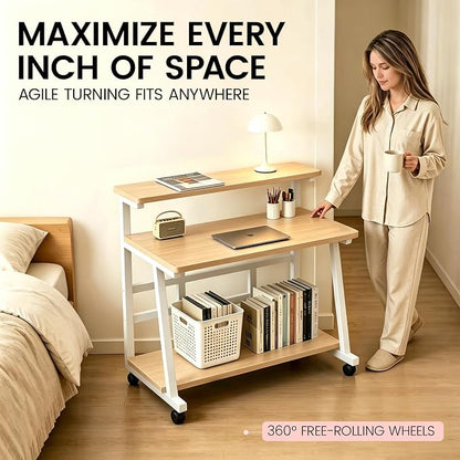 31.5 Inch Compact Rolling Computer Desk with Tier Worktable & Lockable Wheels, Small Computer Desk, Small Desk for Bedroom, Mobile Writing Workstation Easy Assembly for Home Office Small Spaces