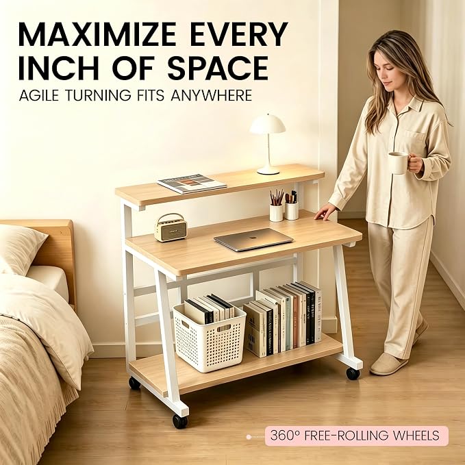 39.4 Inch Compact Rolling Computer Desk with Tier Worktable & Lockable Wheels, Small Computer Desk, Small Desk for Bedroom, Mobile Writing Workstation Easy Assembly for Home Office Small Spaces