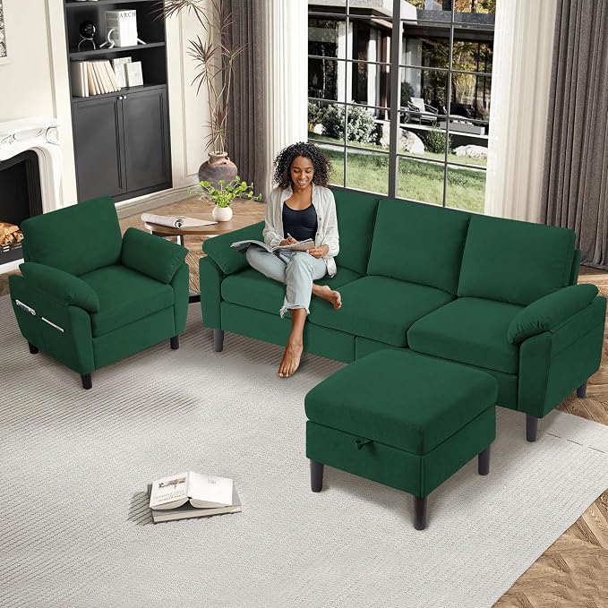 3 Piece Convertible Sectional Sofa Set, Modern Linen Small L Shaped Couch with Reversible Ottoman and Accent Chair, 3-Seat Sofa Couches for Living Room, Office, Apartment, Green