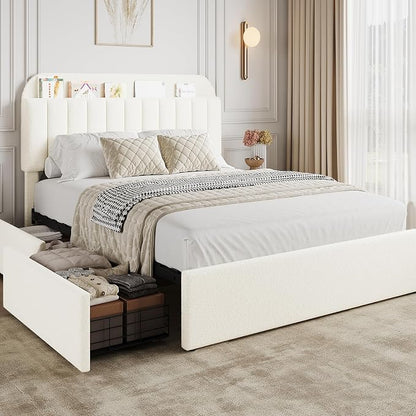 GarveeHome Full Bed Frame with Storage Headboard, Kids Bed Frame with 2 Drawers, Boucle Upholstered Platform Bed with Bookcase, No Box Spring Needed, Easy Assembly, Beige White