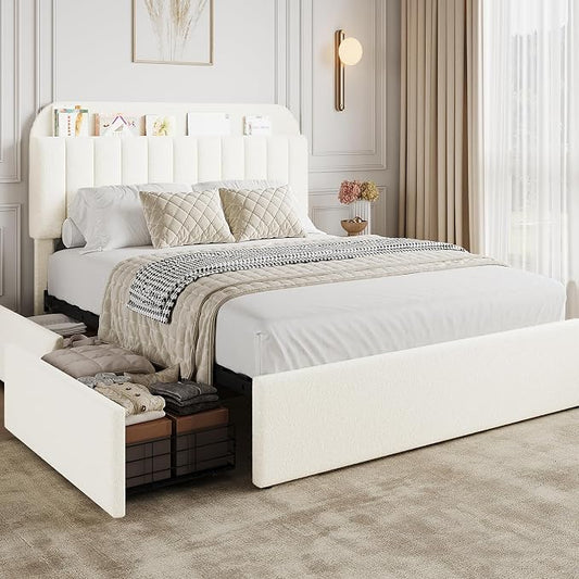 GarveeHome Full Bed Frame with Storage Headboard, Kids Bed Frame with 2 Drawers, Boucle Upholstered Platform Bed with Bookcase, No Box Spring Needed, Easy Assembly, Beige White