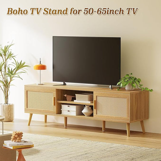 SUPERJARE Boho TV Stand for 65 Inch TV, Entertainment Center with Adjustable Shelf, Rattan TV Console with 2 Cabinets, Media Console, Solid Wood Feet, 4 Cord Holes, for Living Room - Natural