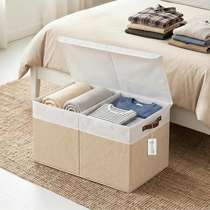 Bagnizer Large Toy Storage Box with Lids, Collapsible Sturdy Baby Storage Organizer Chest Bin Basket for Kids, Boys, Girls, Playroom, Nursery, Bedroom, Closet 25"x13"x16" (Beige and White)