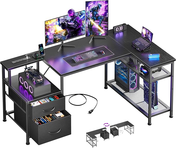 Korfile 49Inch L Shaped Gaming Desk with Power Outlets and Type-C Port, Reversible Computer Office Desk with 2 Fabric Drawers & Mesh Shelves, Corner Desk for Study Work Writing Desk, Black