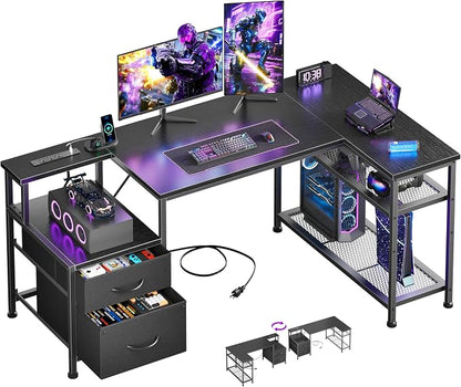 Korfile 49Inch L Shaped Gaming Desk with Power Outlets and Type-C Port, Reversible Computer Office Desk with 2 Fabric Drawers & Mesh Shelves, Corner Desk for Study Work Writing Desk, Black