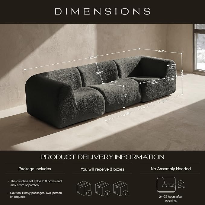 110" 3-Seater Modular Sectional Sofa, Sherpa Cloud Couch with Deep Seat Comfort, Boneless Curved Sofas with High-Density Foam Strong Support, Modern Cozy Sofa for Living Room – No Assembly, Grey