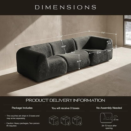 110" 3-Seater Modular Sectional Sofa, Sherpa Cloud Couch with Deep Seat Comfort, Boneless Curved Sofas with High-Density Foam Strong Support, Modern Cozy Sofa for Living Room – No Assembly, Grey