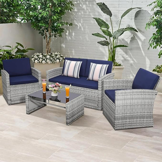 KROFEM 4-Piece Patio Furniture Set, Wicker Outdoor Rattan Sectional Sofa with Cushions and Glass Table, All-Weather Outdoor Conversation Set for Garden, Porch, Backyard, Patio, Blue