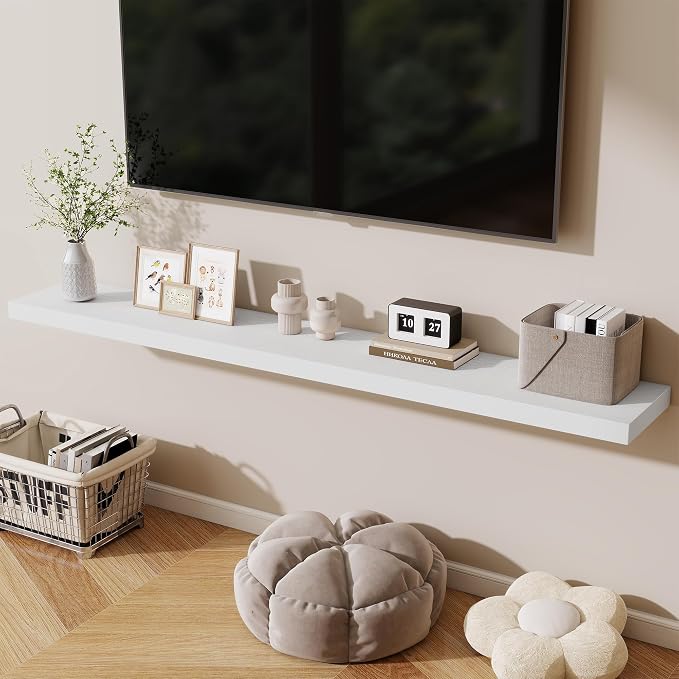 Fun Memories 72 Inch Fireplace Mantel Shelf, 10 Inch Deep Shelves for Display & Wall Storage, Rustic Wood Wall Shelf, Extra Long Floating Shelves for Living Room Laundry Room, White, Set of 1