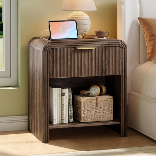 Decofy Fluted Nightstand with Charging Station, Modern Bedroom Side Table with Gold Handles, Curved Profile Design, End Table Wood Organizer for Bedroom, Open Shelf & 1 Drawers (1 Pack, Walnut)