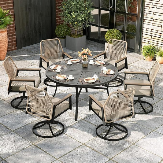 MIXPATIO 7 Pieces Outdoor Patio Dining Set, Wicker Patio Table and Chairs Set of 6, Swivel Wicker Chairs with 3.2" Cushion and 54" Round Table for Yard, Porch, Beige