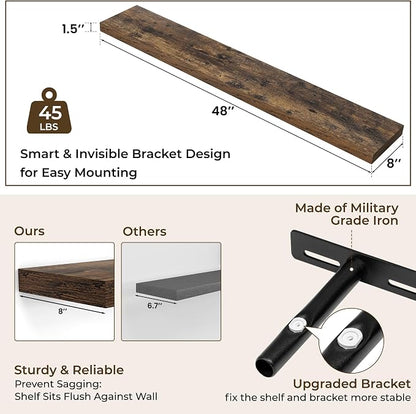 RICHFOCUS 48Inch Floating Shelves for Wall 1 Pack Shelves for Bedroom|Kitchen|Bathroom Wall Mounted Rustic Wood Floating Shelf with Invisible Brackets for Books|Storage|Decor, Rustic Brown