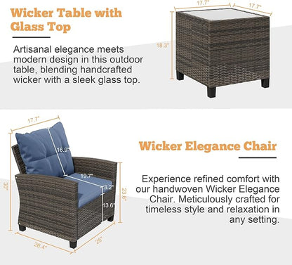Shintenchi 3 Pieces Patio Furniture Set 3 Pieces PE Rattan Wicker Chairs with Table Outdoor Furniture for Backyard/Garden/Poolside/Outdoor Restaurant Gary Rattan with Blue Cushion
