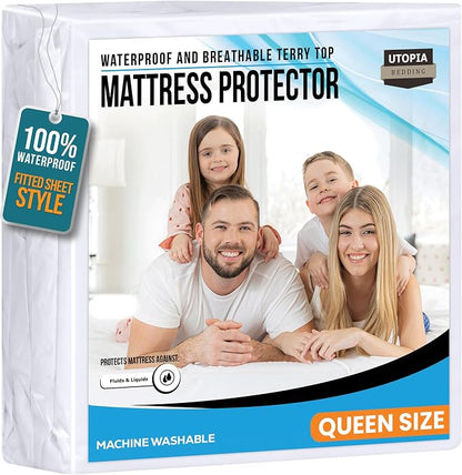 Queen Size Mattress Protector Waterproof, Premium 200 GSM Terry Mattress Cover, Soft & Breathable Bed Cover, Fitted Sheet Style Stretchable Deep Pockets 17" by Utopia Bedding (White)