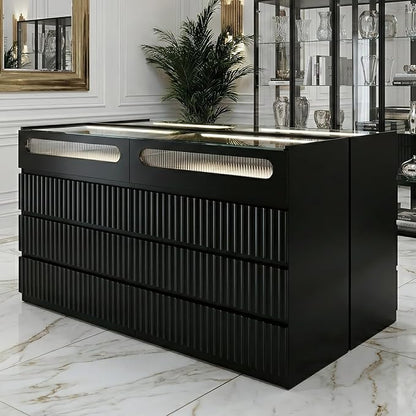 senlin Modern 16 Drawer Wardrobe Armoire with Glass Top LED Lights,Fluted Island Dresser Bedroom Closet Organizer System,Large Clothing Storage Cabinet with Jewelry Tray,Hidden Handles (Black)