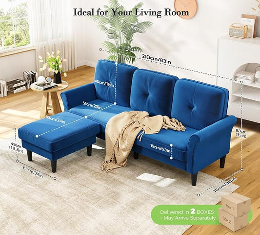 Kidirect Small Sectional Couch, 83" L Shaped Couch, Comfy Velvet Couches for Living Room, Tool-Free Setup Modular Sectional Sofa, 850lbs Load Sofas for Living Room with 1 Movable Ottoman, Blue Couch