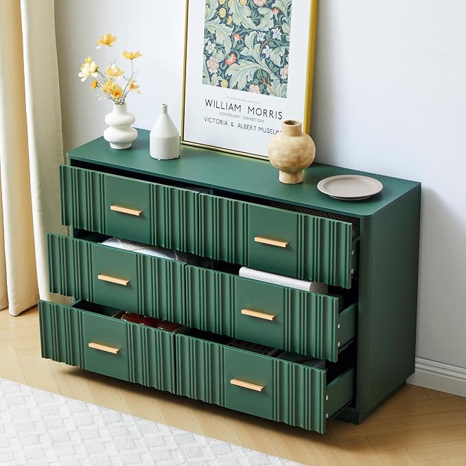 Fluted Double Dresser for Bedroom with 6 Drawers, 47" Wide Modern Chest of Drawers with Curved Profile Design, Wood Closet Clothes Storage Organizer Dresser TV Stand for Living Room, Hallway, Green