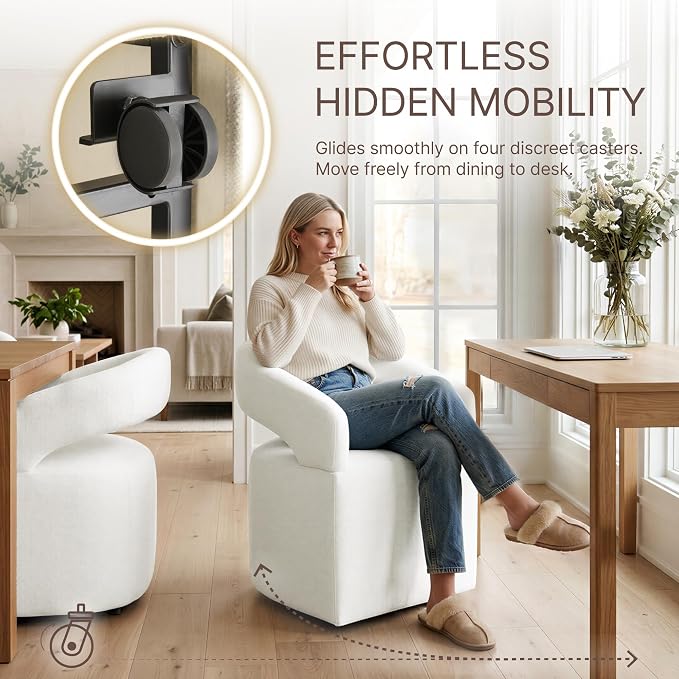 KISLOT Upholstered Dining Chairs Set of 2, Modern Arm Kitchen & Dining Room Chairs with Hidden Casters, Linen Fabric Padded Rolling Chairs, Sturdy Wood Frame, 300 lbs Capacity, Ivory White