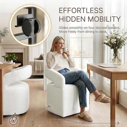 KISLOT Upholstered Dining Chairs Set of 2, Modern Arm Kitchen & Dining Room Chairs with Hidden Casters, Linen Fabric Padded Rolling Chairs, Sturdy Wood Frame, 300 lbs Capacity, Ivory White