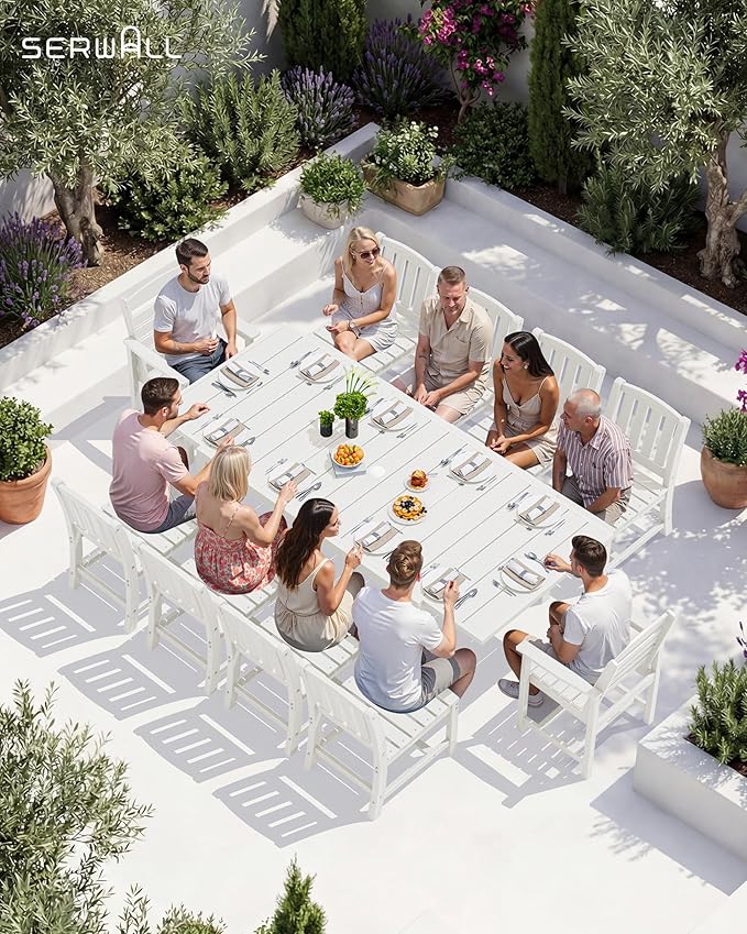 SERWALL Outdoor Expandable Dining Table 60" - 83", White | Patio Dining Table for 4-8 People, All Weather HDPE and Aluminum Outdoor Furniture