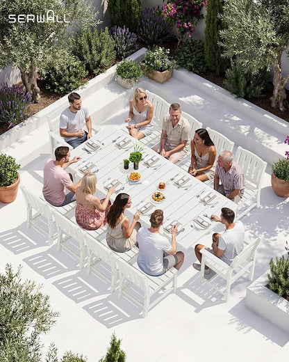 SERWALL Outdoor Expandable Dining Table 60" - 83", White | Patio Dining Table for 4-8 People, All Weather HDPE and Aluminum Outdoor Furniture