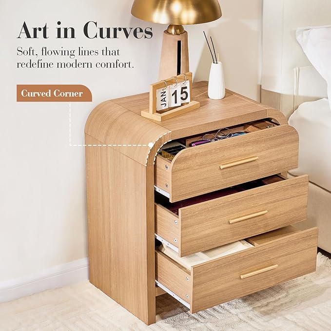 Night Stand Set of 2 [Unique Curved Profile] [FSC-Certified Wooden Board] 3-Drawer Nightstand 26.7" H Metal Handle Modern Sturdy Bedside Table Side Table End Table