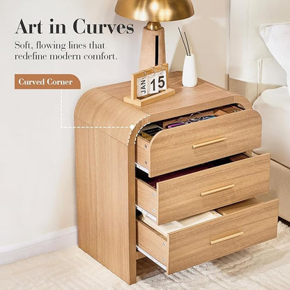 Night Stand Set of 2 [Unique Curved Profile] [FSC-Certified Wooden Board] 3-Drawer Nightstand 26.7" H Metal Handle Modern Sturdy Bedside Table Side Table End Table