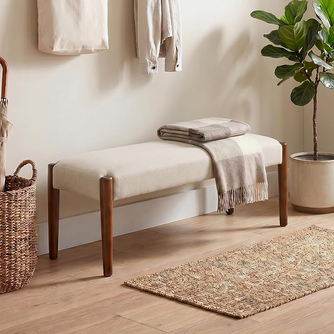 Usaint 42" End of Bed Bench, Modern Upholstered Bedroom Bench with Rubberwood Legs, Entryway Bench with Cushion, Dining Bench for Living Room, Bedroom, Beige with Walnut Leg