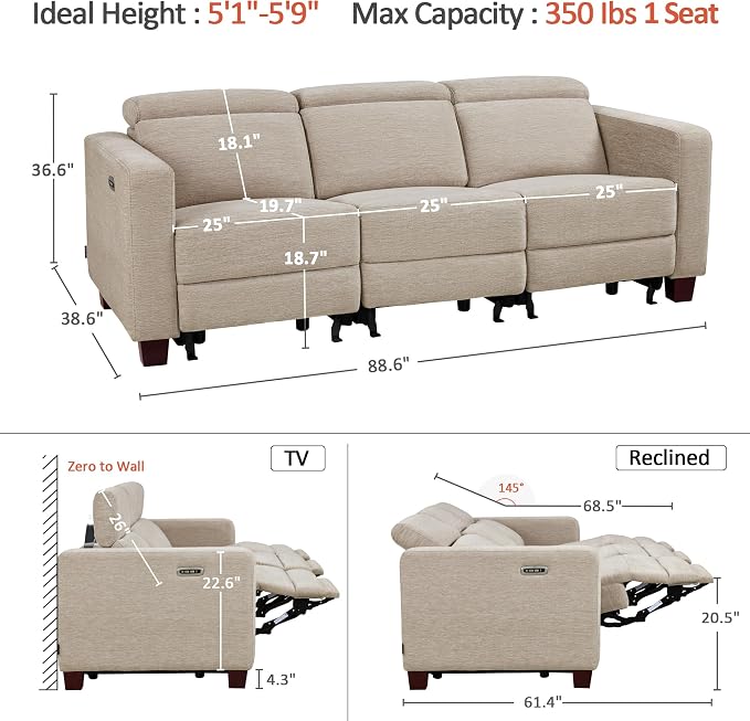 MCombo 88.6'' Reclining Sofa, Wall Hugger Power Recliner Sofa with Adjustable Headrest, USB A & C Charge Ports, Wood Legs, for Living Room (Fabric, HL198M3) (Beige, 3-Seater)