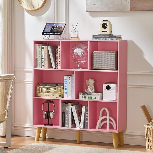 LEYAOYAO 8 Cube Bookshelf,3 Tier Bookcase with Legs,Light Pink Mid-Century Modern Bookshelves,Large Open Storage Organizer Shelf, Wooden Book Case