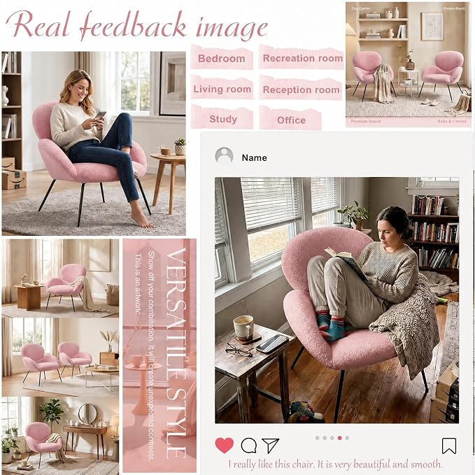 Accent Chair, Cloud Accent Chair for Bedroom, Boucle Fabric (Pink) | Comfy Bedroom Chair with Love Back and Sturdy And Durable Solid-Wood Frame/ Study Room / Bedroom / Living Room /(Cream Style)