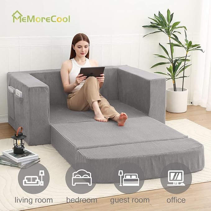 MeMoreCool Convertible Sofa Bed, Pull Out Loveseat Sleeper Sofa, Small Boneless Cloud Couch Bed for Adults, Fold Out Foam Love Seat, Corduroy Folding Floor Couch for Bedroom, Light Grey