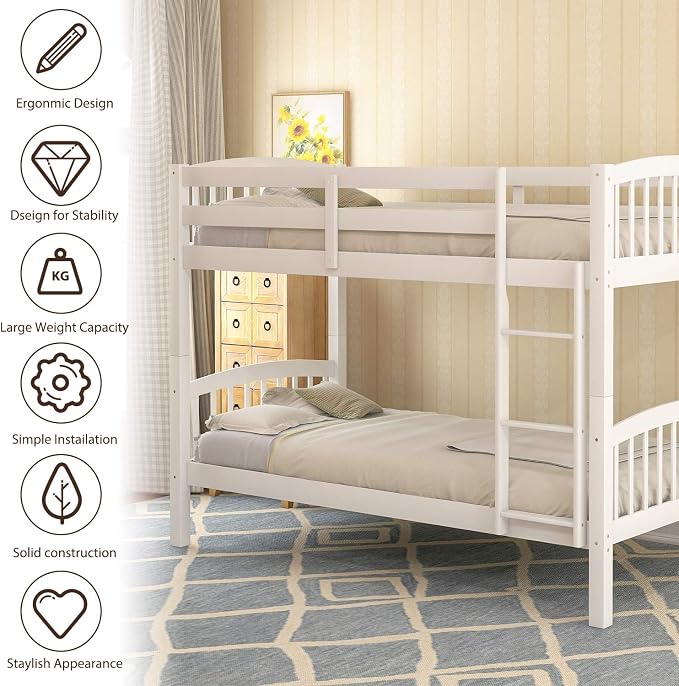Merax Twin Over Twin Bunk Bed with Ladder and Guardrails,Convertible Bunk Bed can be Two Platform Beds(White)