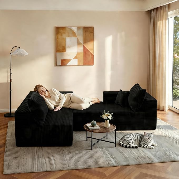 JINGLING 94" L Shape Couch with Left Chaise, Memory Foam Boneless Sectional Sofa in a Box, No Assembly Modular Small Couches for Small Spaces, Living Room, Apartments, Plush Corduroy, Black