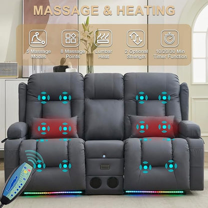 URRED Power Loveseat Recliner Sofa with Massage and Heat, Wall Hugger Reclining Loveseat with Console, RV Couch Home Theater Seating with LED Lights for Living Room (Blue Grey, 67" - 2 Seats)