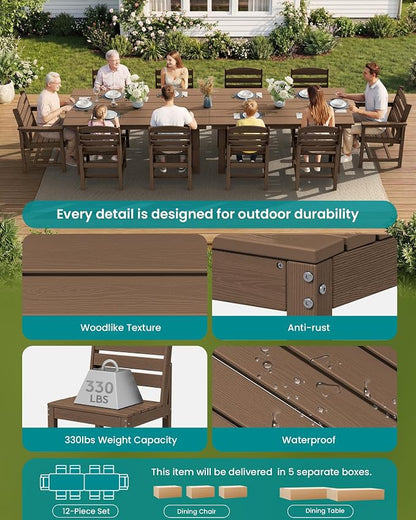 SERWALL Outdoor Dining Sets for 10 Person, HDPE Dining Set with 2 Tables, 8 Armless Chairs and 2 Armed Dining Chairs, Brown