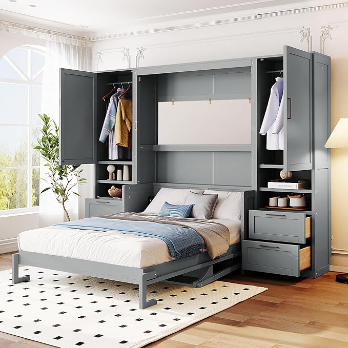 Full Size Murphy Bed with Storage, Wall Bed with Closet and Drawers | Top shelf, side wardrobe and two drawers keep bedding, clothes and daily items organized in a compact cabinet