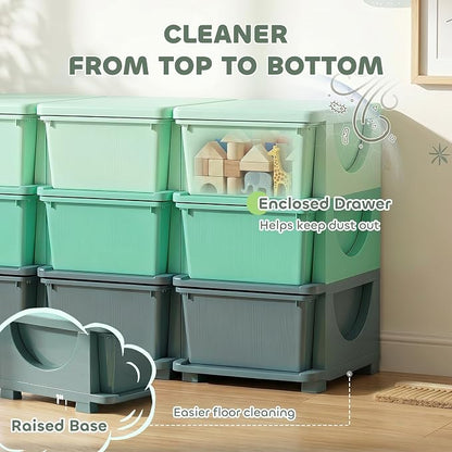 Qaba 9 Drawers Kids Storage Unit, 3 Tier Stackable Toy Organizers and Storage Chest for Bedroom, Nursery, Playroom, Living Room, Boys, Girls, Toddlers, Green