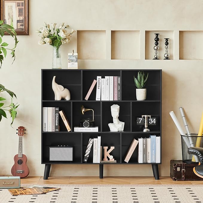 LEYAOYAO 10 Cube Bookshelf,3 Tier Modern Wide Bookcase with Legs,Mid-Century Wood Bookshelves Storage,Black Large Book Case,Freestanding Organizer Display Shelf for Bedroom,Living Room,Office