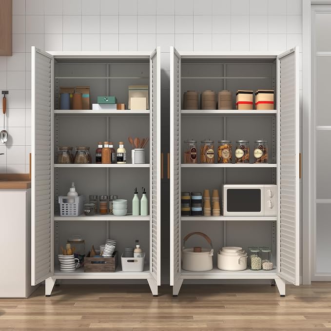 61" Tall White Kitchen Pantry Cabinet, Farmhouse Metal Pantry Storage Cabinets, with 2 Louvered Door and 3 Adjustable Shelves, Multipurpose Storage Organizer, for Home, Entryway, Kids Room