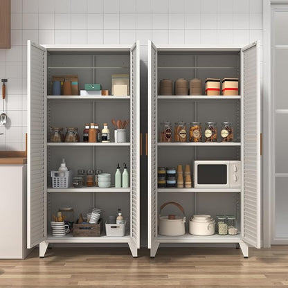61" Tall White Kitchen Pantry Cabinet, Farmhouse Metal Pantry Storage Cabinets, with 2 Louvered Door and 3 Adjustable Shelves, Multipurpose Storage Organizer, for Home, Entryway, Kids Room