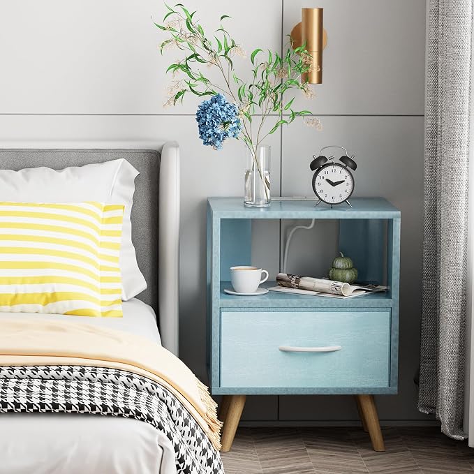 Aenuert Night Stand with Charging Station, Blue Nightstand with Drawer, 2-Tier Wooden Bedside Table with USB Ports and Outlets, End Table for Small Space, Living Room, Bedroom