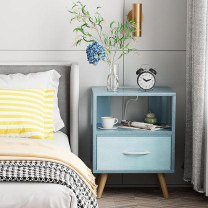 Aenuert Night Stand with Charging Station, Blue Nightstand with Drawer, 2-Tier Wooden Bedside Table with USB Ports and Outlets, End Table for Small Space, Living Room, Bedroom