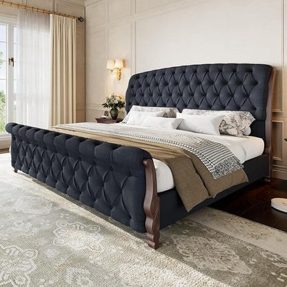 AMERLIFE Upholstered King Bed Frame, 53" Tall Sleigh Bed with Button Tufted Chenille Headboard and Footboard, Platform Bed with Carved Solid Wood Legs, No Box Spring Needed, Black