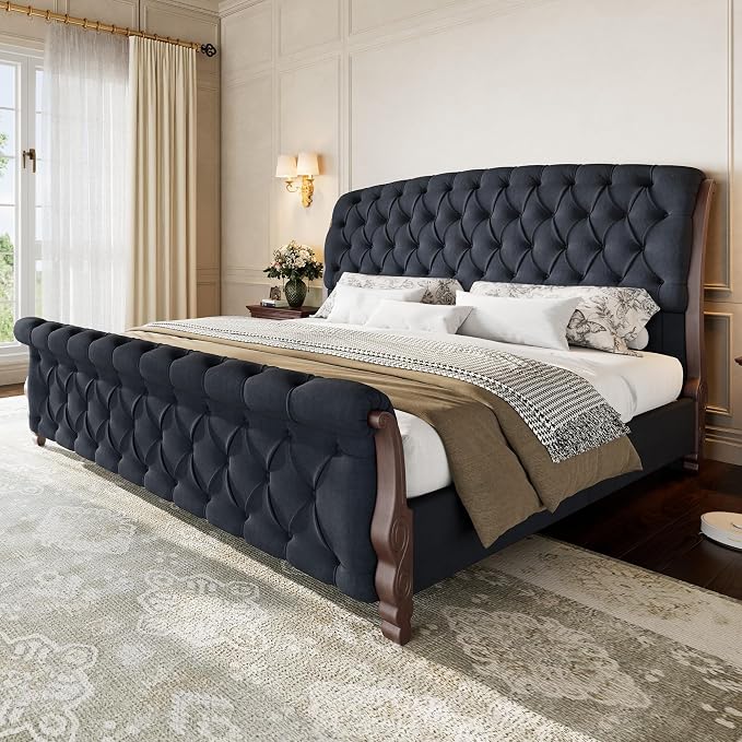 AMERLIFE Upholstered California King Bed Frame, 53" Tall Sleigh Bed with Button Tufted Chenille Headboard and Footboard, Platform Bed with Carved Solid Wood Legs, No Box Spring Needed, Black