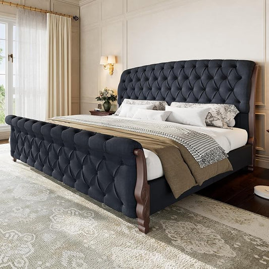 AMERLIFE Upholstered California King Bed Frame, 53" Tall Sleigh Bed with Button Tufted Chenille Headboard and Footboard, Platform Bed with Carved Solid Wood Legs, No Box Spring Needed, Black