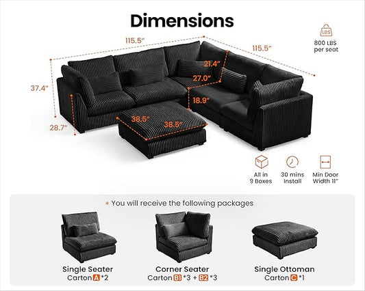 115" Oversized Corduroy Couch Modular Sectional Sofa, Washable Cloud Couch Sectional with Ottoman, 6 Seater Sectional Couches for Living Room, Fully Cover Removable, V Shaped & Corner, Corduroy, Black